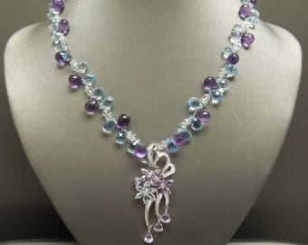 Vintage Estate C1980 14K 18K White Gold 137.85TCW Natural Briolette Amethyst Blue Topaz & Diamond Gemstone Statement Necklace