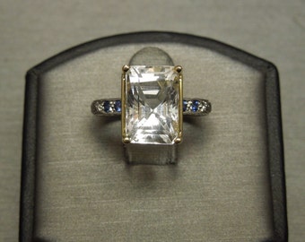 Vintage Estate C1980 18K Gold Platinum Filigree Engraved 5.86TCW Emerald cut White Beryl Aquamarine & Sapphire Engagement Ring