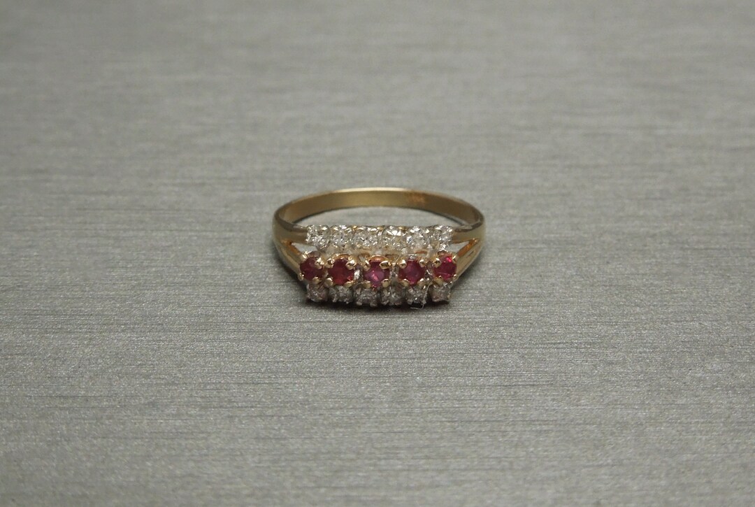 Vintage Estate C1970 14K Gold 0.45TCW Triple Row Ruby & Diamond Band ...