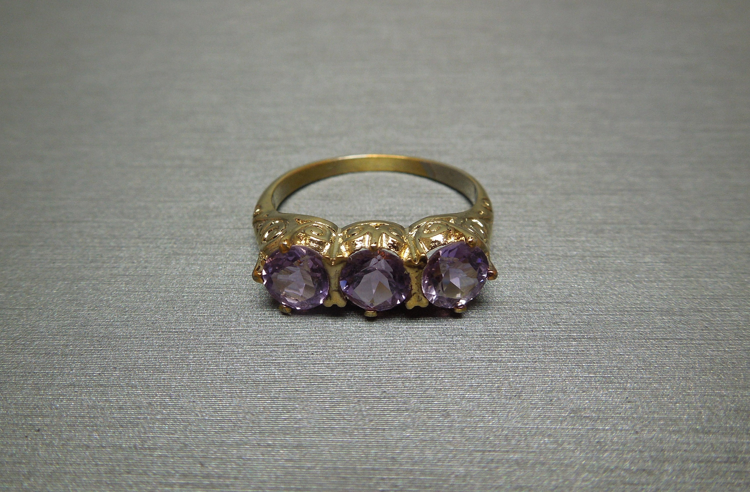 Amethyst Color Faceted Purple Cubic Zirconia Ring 925 Sterling Silver 24K Yellow Gold Vermeil Handcrafted Hammered Handmade Artisan Ring 
