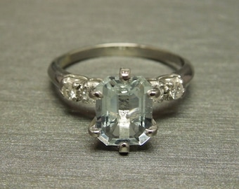 Vintage Estate C1950 Platinum 1.36TCW Traditional Emerald cut Natural Aquamarine & Diamond Engagement Ring