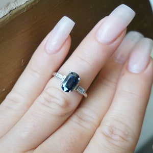 Mid Century Estate C1960 Platinum 2.42TCW Color Changing Blue-Green Sapphire Solitaire & Diamond Baguette Classic Engagement Ring Sz 5.5 image 3