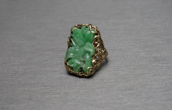 Mid Century Estate C1960 14K Gold Floral Carved Jade Ring / Vintage Jade Ring / Jade Flower Ring  Sz 6.25