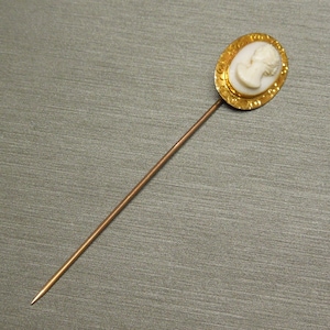 Antique Victorian Estate C1890 Hand Engraved 10K Gold White Coral Roman Lady Cameo Stick Pin 2.65&quot;