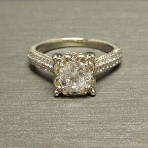 Vintage Art Deco Estate Hand Engraved 14K White Gold 1.70TCW Square F I1 Round Brilliant cut Diamond Solitaire & Pave Engagement Ring Sz 6