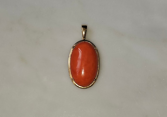 14K Gold Coral Pendant Attachment / Vintage Estate 14K Gold Natural Red Coral Solitaire Pendant Attachment / Vintage Coral Pendant 1.75"