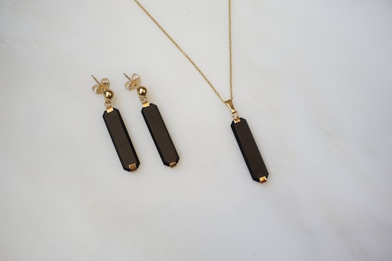 Art Deco Onyx Pendant & Earrings Set / Vintage Estate 1980s 14K Gold Art Deco Style Onyx Pendant Earrings Jewelry Suite Set  1.25"