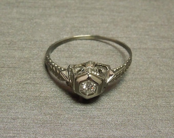 Antique Edwardian Estate C1910 18K White Gold Filigree Hexagon 0.07ct E VVS1 Old European cut Diamond Solitaire Engagement Ring Sz 6