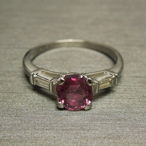 Vintage Estate C1950 Platinum 1.07 carat Cushion cut Natural Ruby & Diamond Baguette Classic Engagement Ring  Sz 5.25