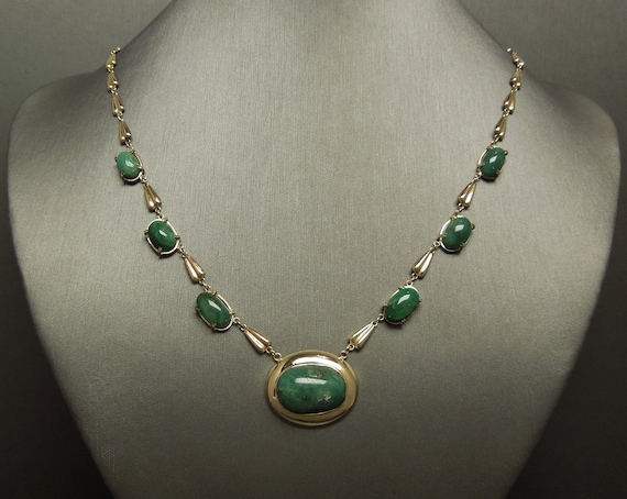 Vintage Art Deco Estate C1940 10K Gold 34.00TCW Natural Cabochon Emerald Necklace 18.25"