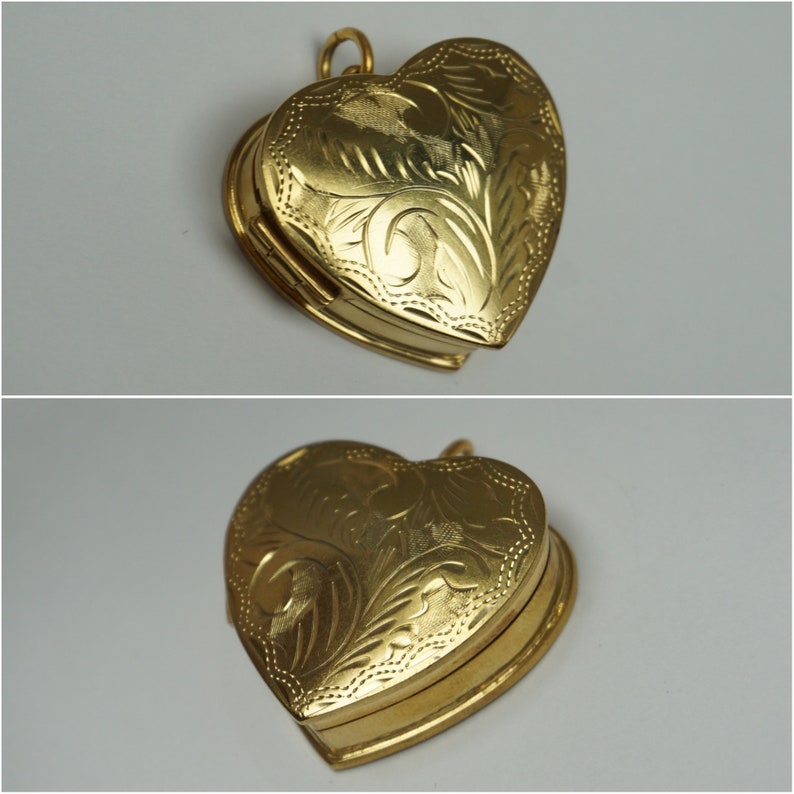 Heart Pill Box Locket / Vintage Estate 1980s Gold Vermeil Sterling Silver Hand Engraved Pill Box Locket Pendant / Heart Charm Locket 1.25" Bild 10