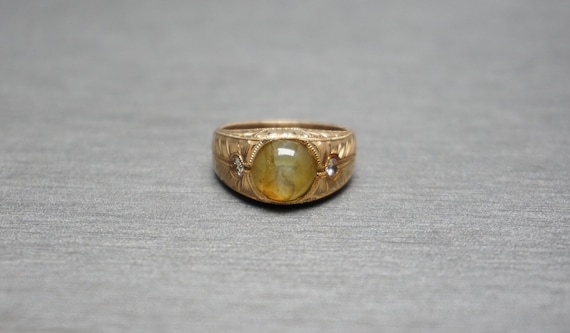 Men's Vintage Estate Circa 1950 14K Gold 3.39TCW Honey Cats Eye Alexandrite & Diamond Three-Stone Gypsy Ring / Men's Alexandrite Ring Sz 7.5