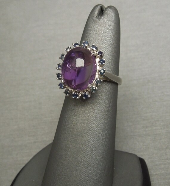 Amethyst & Sapphire Halo / Mid Century Estate C1960 14K White Gold Amethyst Cabochon and Sapphire Halo Ring / 6 carat Amethyst  Sz 5