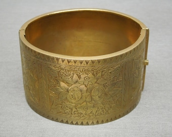 Antique Estate C1880 Gold Vermeil .800 Coin Silver 'FLORRIE' Orientalist Wide Cuff Bracelet  2.25" x 2"