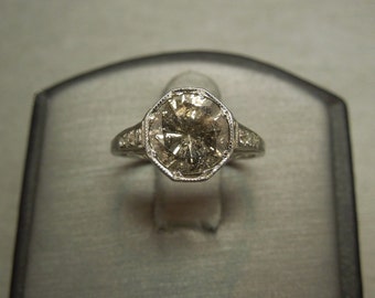 Antique Estate C1920 18K White Gold Filigree Etched Engraved 2.49TCW Bezel set 2.35ct Diamond Solitaire L I2 Engagement Ring Sz 6.5