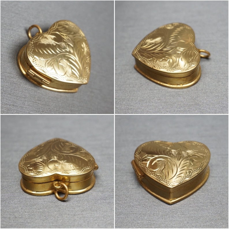 Heart Pill Box Locket / Vintage Estate 1980s Gold Vermeil Sterling Silver Hand Engraved Pill Box Locket Pendant / Heart Charm Locket 1.25" Bild 2