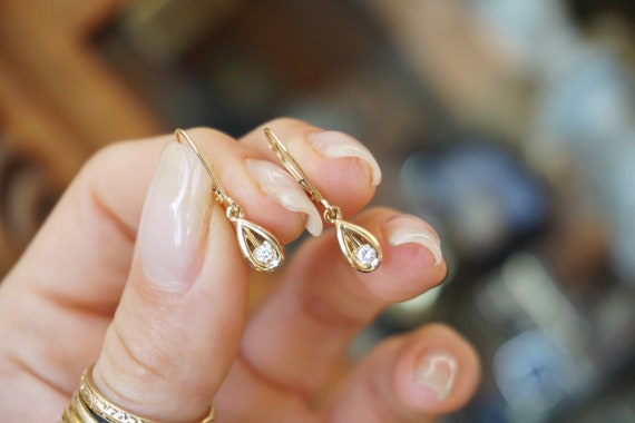 14K Diamond Raindrop Earrings / Vintage Estate 14… - image 7