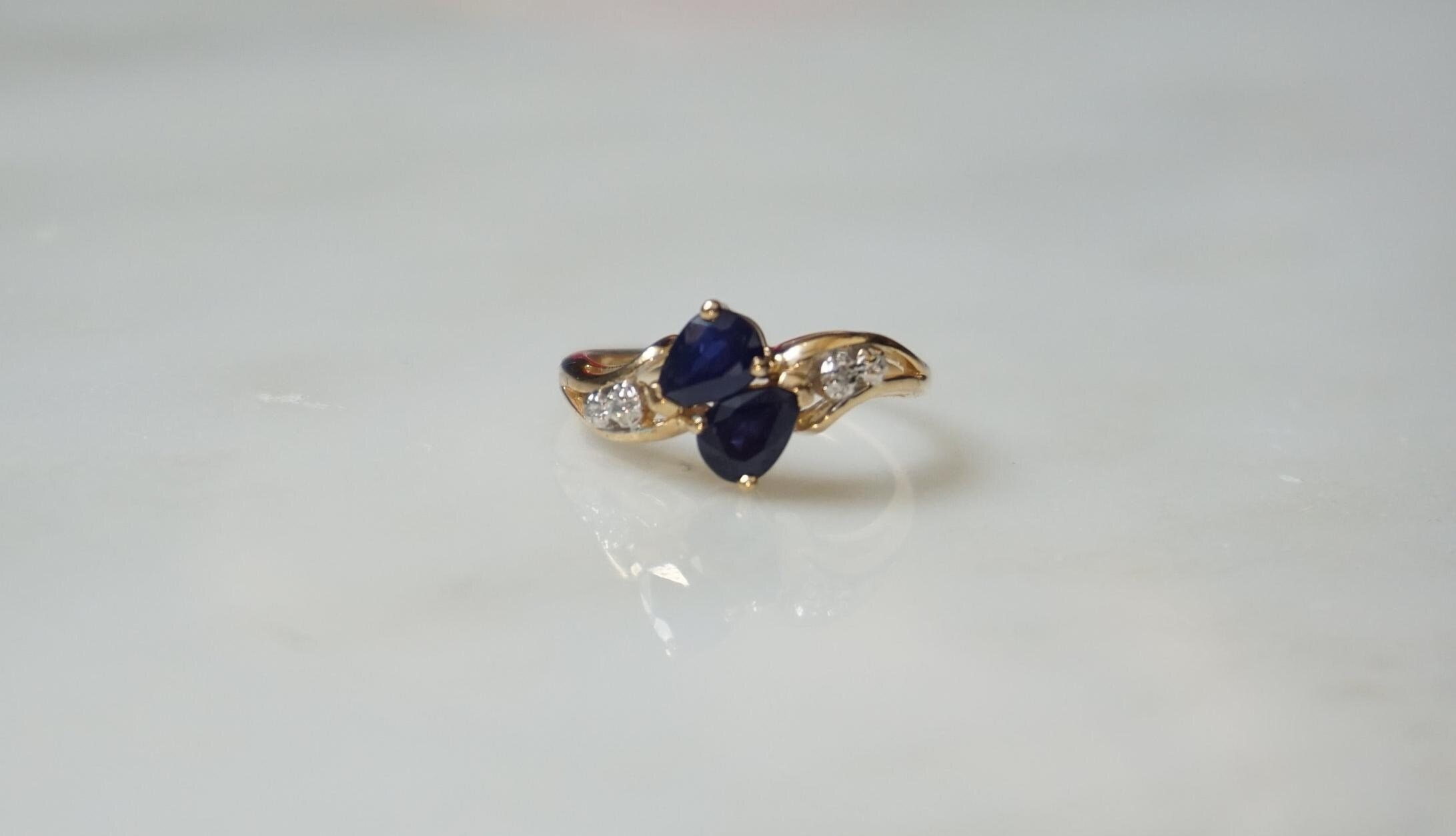 Double Pear Sapphire Ring / Vintage Estate 10K Gold 1.02TCW Pear cut Double Sapphire & Diamond Bypass Ring / Sapphire Bypass Ring Sz 6.25