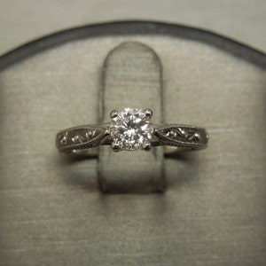Vintage Estate C1990 Platinum Engraved Milgrain 0.49ct F VS2 Octagon cut Diamond Solitaire Engagement Ring