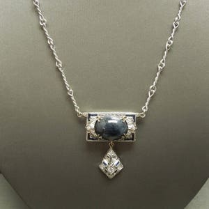 Antique Art Deco Estate C1910 Platinum 18K 14K White Gold 12.28TCW Cabochon Sapphire & Diamond Statement Necklace