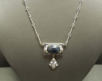 Antique Art Deco Estate C1910 Platinum 18K 14K White Gold 12.28TCW Cabochon Sapphire & Diamond Statement Necklace