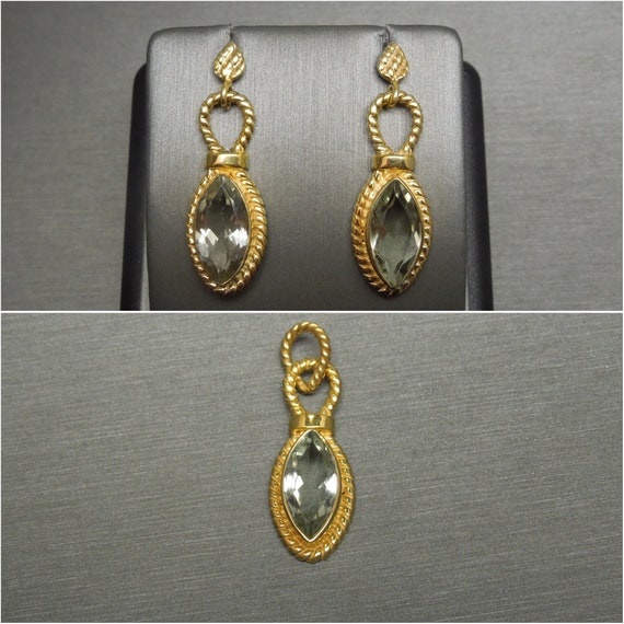 Vintage Estate 925 Sterling Vermeil Marquise Green Amethyst Nautical Gold Rope Pendant & Earrings Set