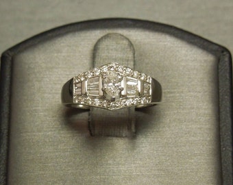 Vintage Art Deco Design Estate 14K White Gold 1.17TCW F G VS2 Fancy Marquise Diamond Solitaire & Round + Baguette Engagement Ring Sz 6.5
