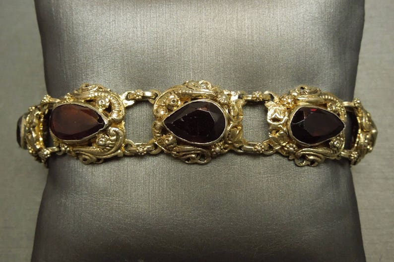 Antique Austro Hungarian Estate C1890 800 Silver Filigree Style 24.00TCW Pear cut Natural Garnet Bracelet 6.75 image 1