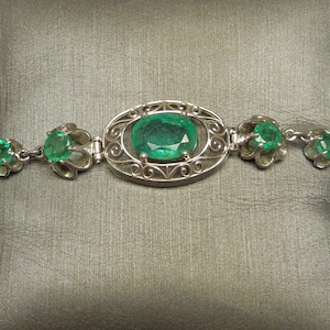 Vintage Estate C1960 14K White Gold Filigree 4.90TCW Natural Emerald & Diamond Link May Birthstone Bracelet 7&quot;
