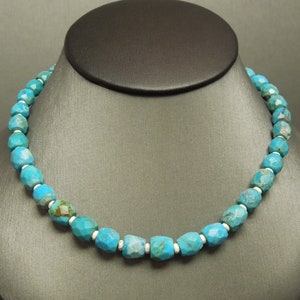 Vintage Estate C1980 Natural Turquoise + White Turquoise Gemstone Bead Necklace Sterling Silver Clasp 16&quot;