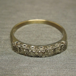 Antique Estate C1930 14K Gold Etched Engraved 0.12TCW Five Stone Old Round cut Diamond Wedding Band Sz 7.75