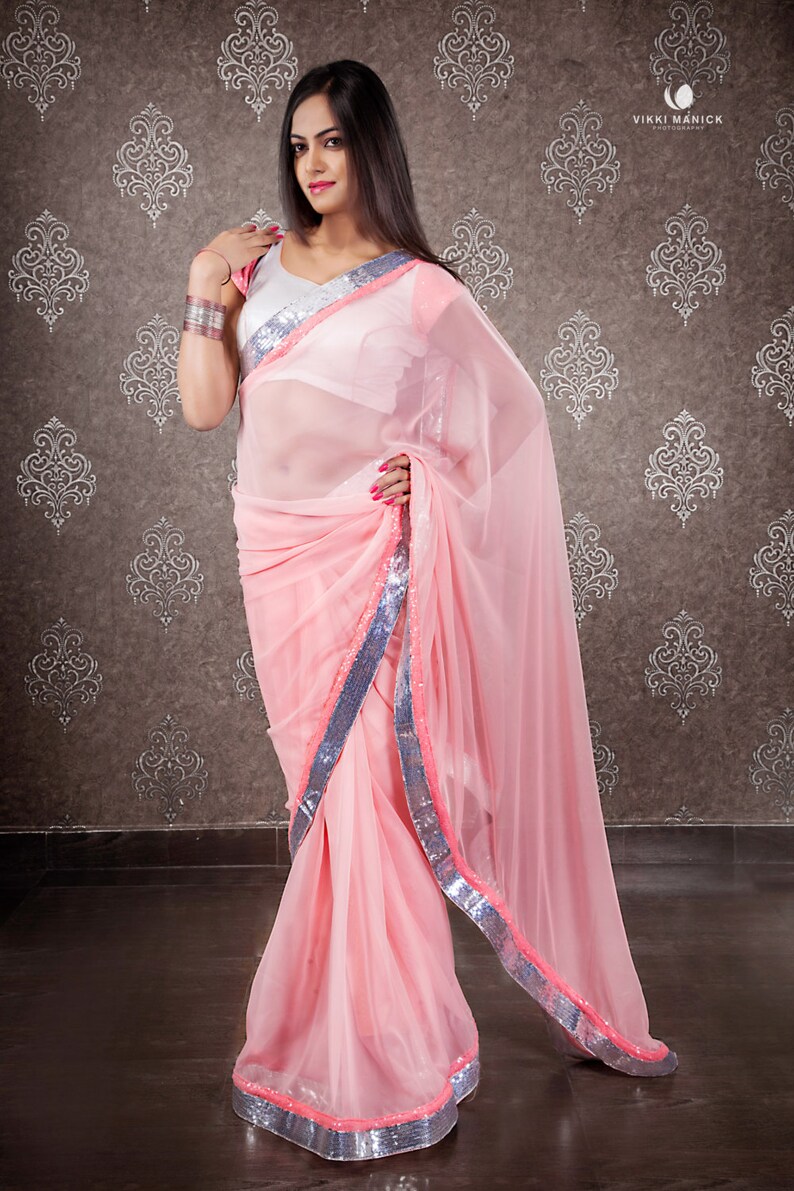 Beautiful Light Pink chiffon Saree with matt silver blouse | Etsy