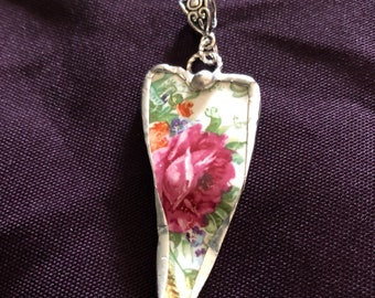 Vintage english pottery hand crafted repurposed heart pendant necklace