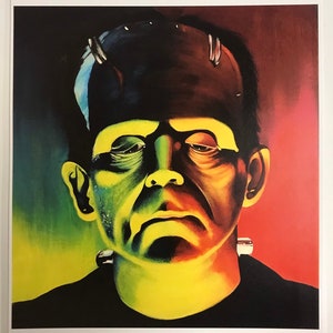 May include: A vibrant portrait of Frankenstein's monster. The artwork depicts a green face, black hair, and a black shirt. The background transitions from green to red, with yellow highlights on the face.