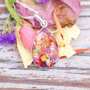 Dried Funeral Flower Teardrop Necklace,Sterling silver flower pendant,dried flower necklace,preserved flower jewelry,funeral flower keepsake