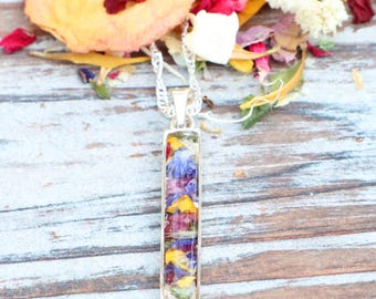 Sterling Silver Dried Funeral Flower Keepsake Necklace, Rectangle necklace