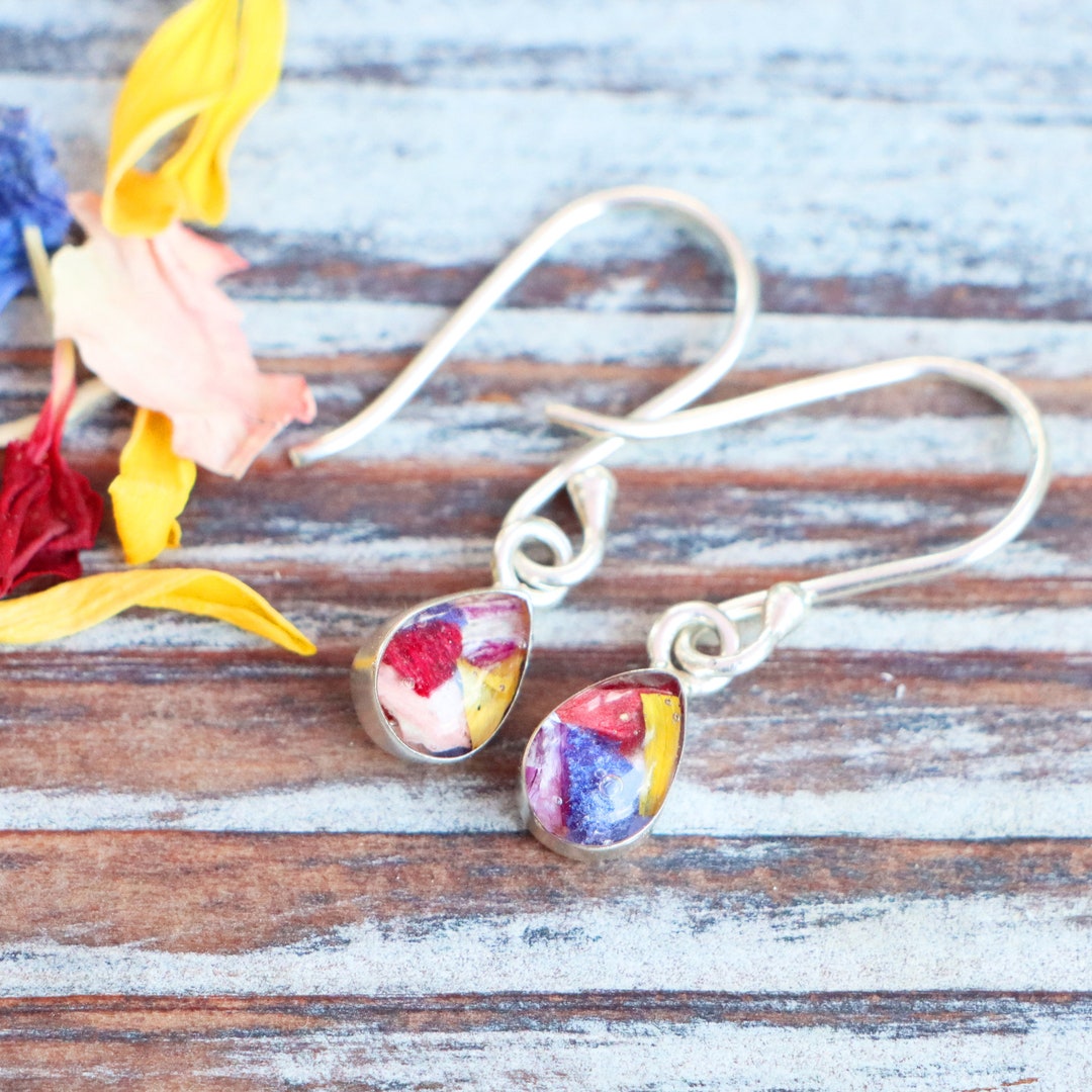 Funeral Flower Sterling Silver Tear Drop Earrings, Funeral Flower