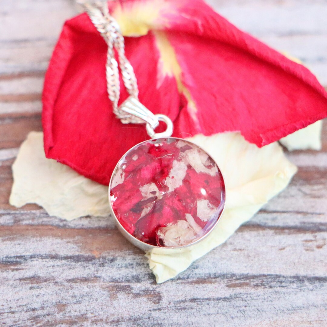 Dried Funeral Flower Round Necklace, Sterling Silver Funeral Flower