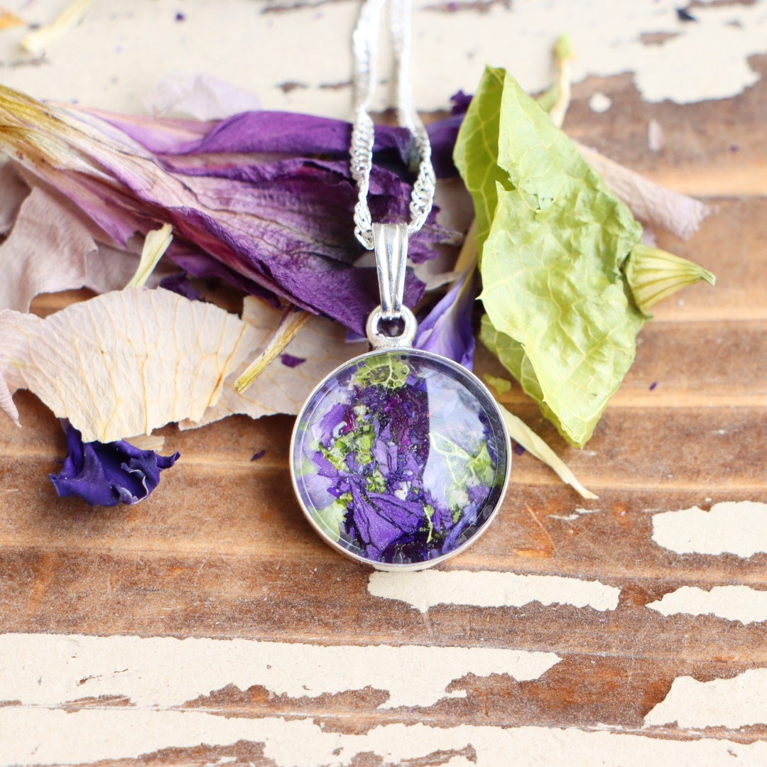 Dried Funeral Flower Round Necklace Sterling Silver Funeral Etsy