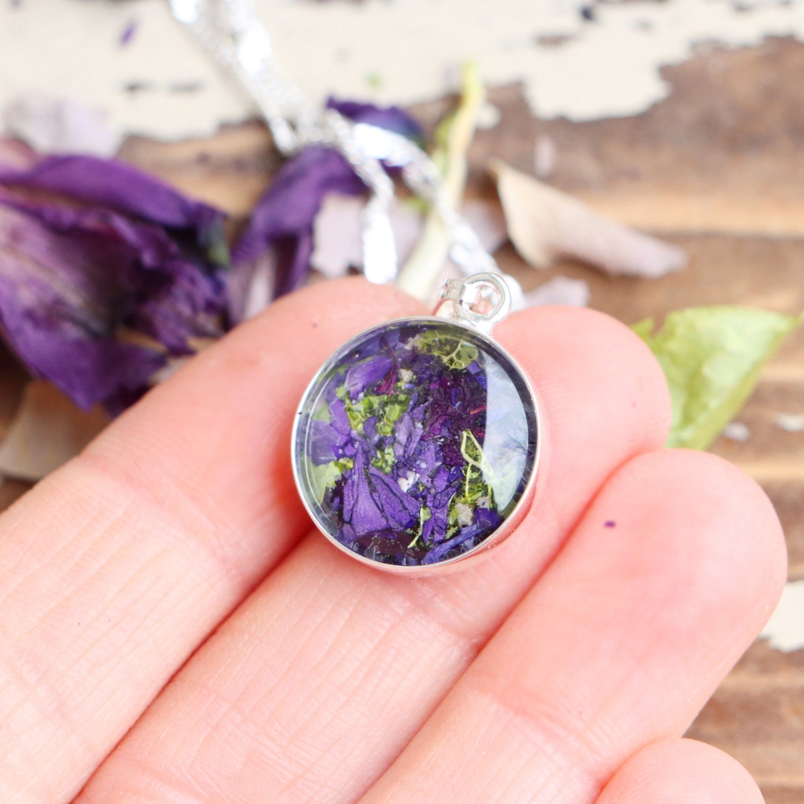 Dried Funeral Flower Round Necklace Sterling Silver Funeral Etsy