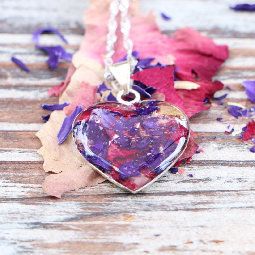 Funeral Flower Heart Necklace, Dried Flower Keepsake Heart, Wedding