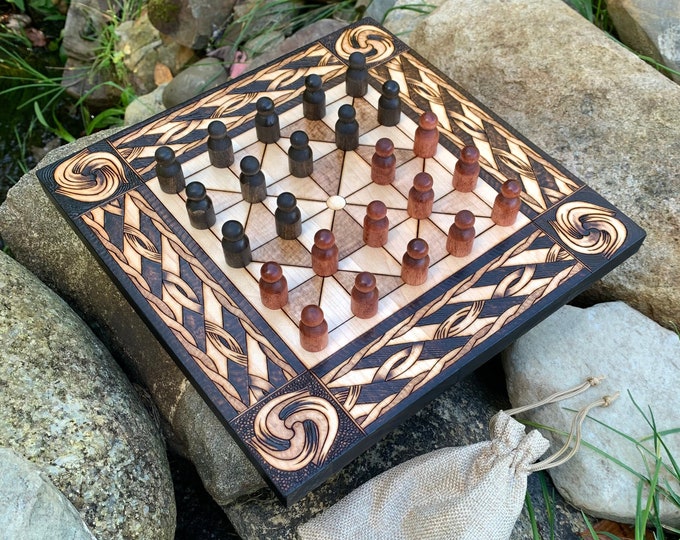 Featured listing image: Alquerque Game: 'Quirkat', Handcrafted Wooden Traditional Board Game of Moorish Origin, woodburned historically-inspired art - customizable