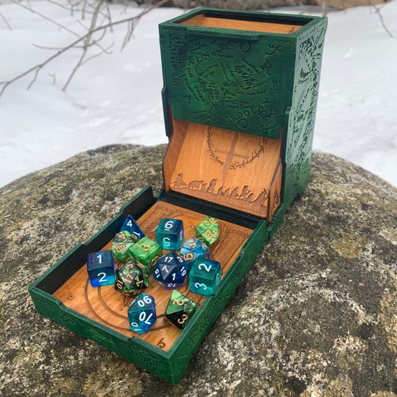 Dice Tower: "Tolkien's Legacy" - Laser-engraved, Hand Painted RPG Accessory w/ Tolkien Middle Earth theme, Folding Box-style Wood Dice Tower