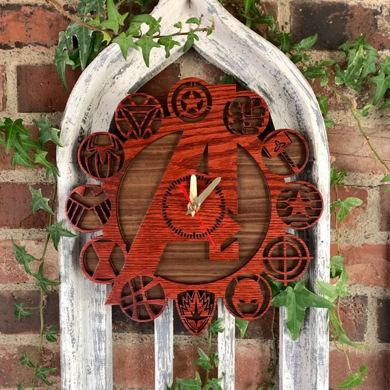 Wall Clock: Marvel Avengers - themed Layered Wooden Clock, Great for Marvel Comic Fans, Laser Engraved, Quartz Movement; CUSTOMIZABLE