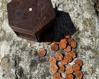 Runes Set: "Wisdom's Sacrifice" - Handcrafted Nordic-themed Hexagonal Box w/ Hardwood Runes - MADE TO ORDER