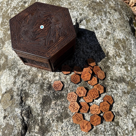 Runes Set: "Wisdom's Sacrifice" - Handcrafted Nordic-themed Hexagonal Box w/ Hardwood Runes - MADE TO ORDER