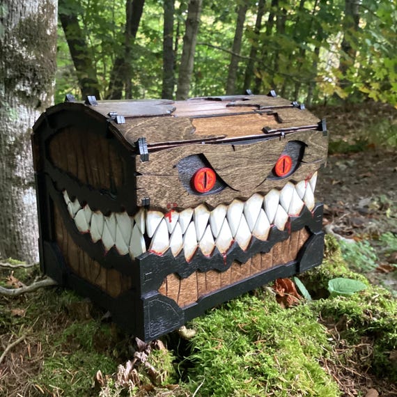 Mimic Box: “Gobbler the Great”; Brutish Wooden Trunk, Treasure Chest, Keepsake Box, Jewelry Chest, Memento Box, Laser-Engraved, Hand Painted