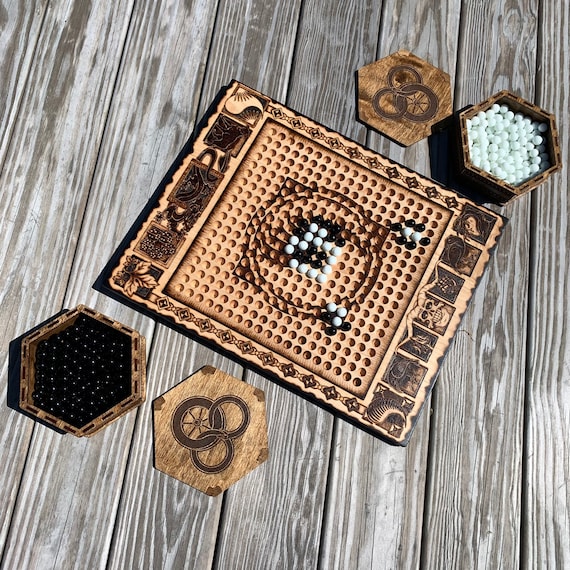 Stones Game: Chinese Go "full-sized" game (19x19 grid) Handcrafted Wooden Strategy Board Game w/ Pyrographed Wheel of Time-themed Icon Art