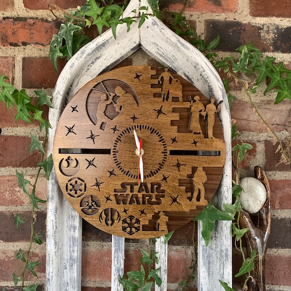 Wall Clock: Star Wars - themed Wooden Wall Clock, Perfect for Star Wars Fans, Laser Engraved & Hand Assembled, Quartz Movement; CUSTOMIZABLE