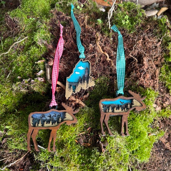 Holiday Ornaments: Maine-themed Wooden Ornaments, Stacked Picture Style, Seasonal Ornaments, Handcrafted Rustic Tree Bauble - READY TO SHIP!